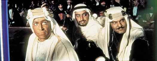 TE Lawrence with his Muslim prince, Sherif Ali, and Majid, as played by Peter O'Toole, Omar Sharif and Gamil Ratib in David Lean's Lawrence of Arabia